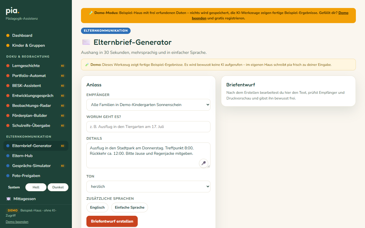 Produktansicht aus der Vorschau: Elternbrief-Generator mit dem Entwurf eines Aushangs zu einem Ausflug